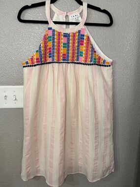 THML Embroidered Halter Dress Boho Cotton Sleeveless Mini Dress Beach Resort